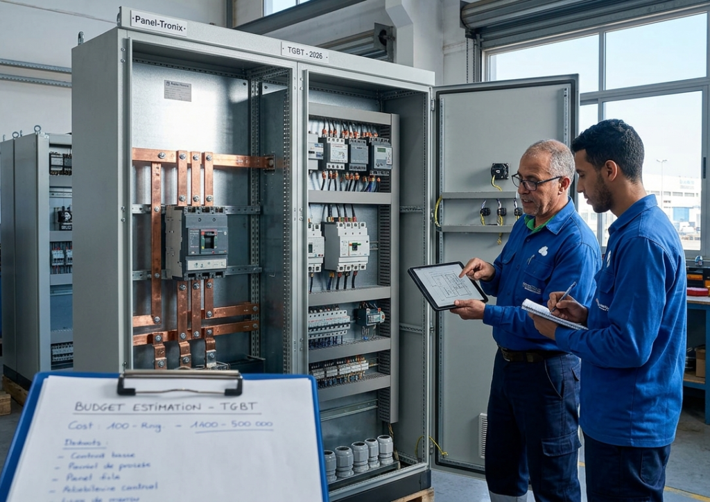 Photo d'illustration pour l'article sur le prix d'un TGBT au Maroc en 2026. Deux électriciens de Panel-Tronix examinent une armoire électrique de forte puissance à Casablanca avec un porte-documents affichant une estimation de budget.