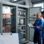 Photo d'illustration pour l'article sur le prix d'un TGBT au Maroc en 2026. Deux électriciens de Panel-Tronix examinent une armoire électrique de forte puissance à Casablanca avec un porte-documents affichant une estimation de budget.