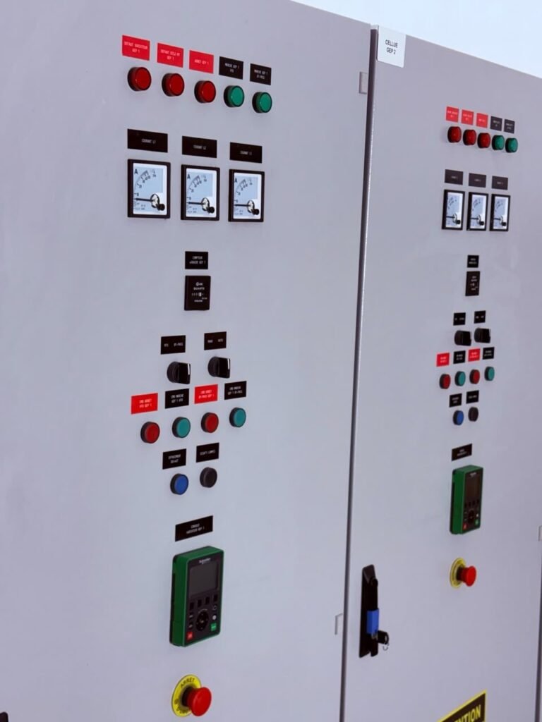 Façades des armoires électriques d'une station de reprise avec signalisation et mesure — Panel-Tronix