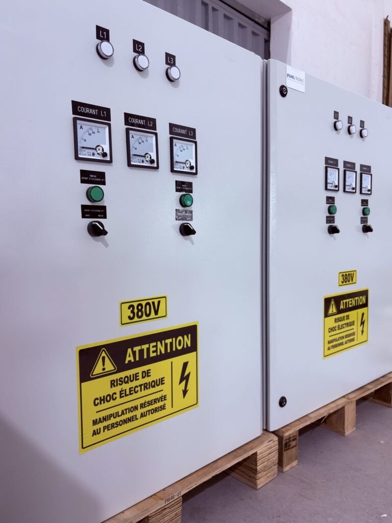 Façade d'un coffret de distribution de chantier avec ampèremètres et signalisation 380 V — Panel-Tronix