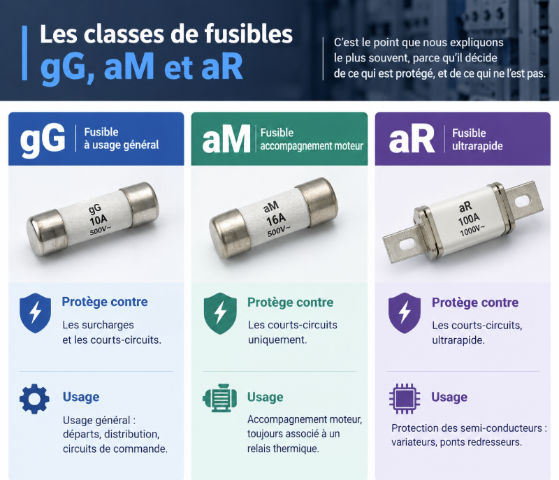 Classes de fusibles gG, aM et aR et ce que chacune protège